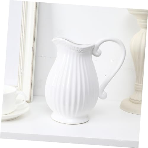 Angoily White Striped Ceramic Pitcher Vase with Handle
