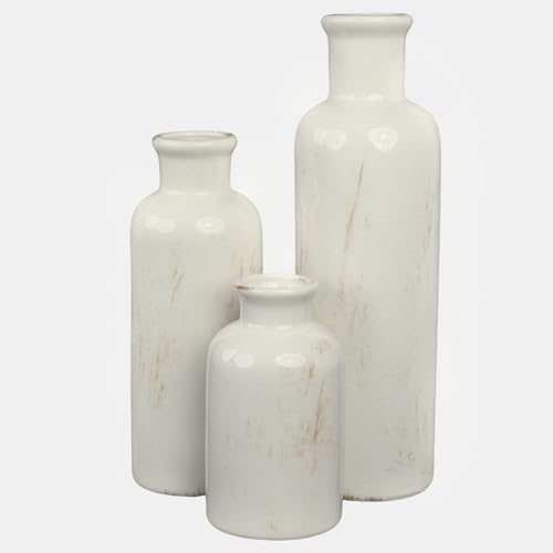 CheeryStow White Ceramic Vase Set of 3 - Crackle Glaze Farmhouse Decor