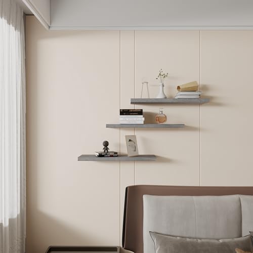 Rustic Grey Floating Shelves 24 Inch Set of 3 Solid Wood Wall Mounted Storage