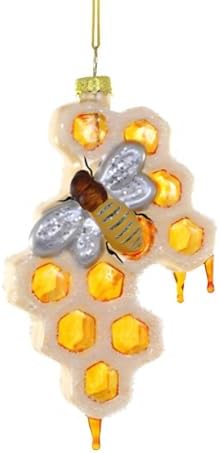 Cody Foster Co Honeycomb Bee Christmas Ornament 3-Inch Golden Amber Glass
