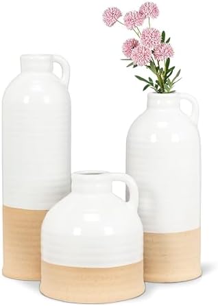 Abbott Collection White and Natural Shiny Matte Vase with Handle Medium