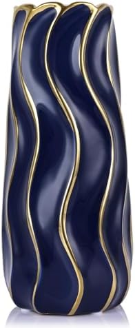 95 Inch Blue Ceramic Vase with Gold Accents