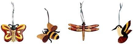 Set of 4 Handmade Double Side Wood Garden Critter Ornaments - Hummingbird Dragonfly Bee Butterfly