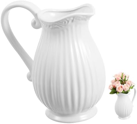 Angoily White Striped Ceramic Pitcher Vase with Handle