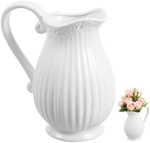 GANAZONO Simple White Striped Ceramic Flower Vase for Balconies