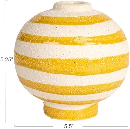 Creative Co Op Large Striped Stoneware Vase Yellow White