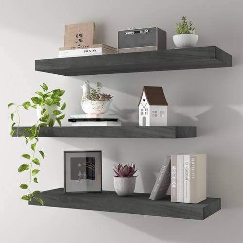 Rustic Grey Floating Shelves 24 Inch Set of 3 Solid Wood Wall Mounted Storage