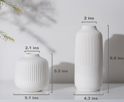 Matte White Stripe Ceramic Vases Set of 2 for Home Decor