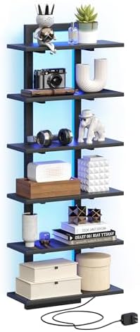 6 Tier Wall Shelf with LED Light Black Floating Shelf Unit for Home Decor and Storage