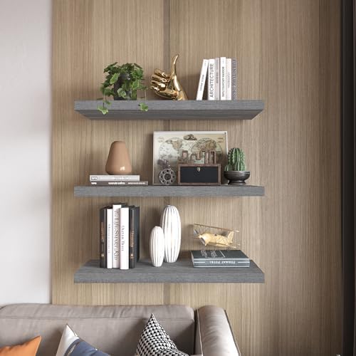 Rustic Grey Floating Shelves 24 Inch Set of 3 Solid Wood Wall Mounted Storage