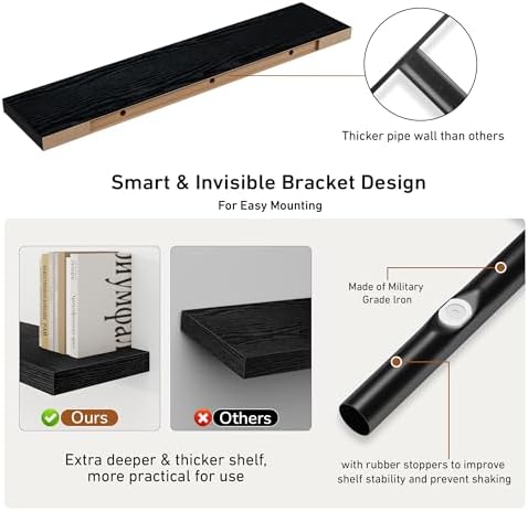 Fun Memories Floating Shelves - 48 W x 9 D x 16 H Rustic Black Wall Mounted Display Shelf