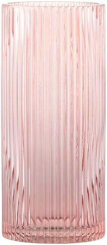 Pink Glass Vase for Flowers Tall Cylinder Vase for Home Decor
