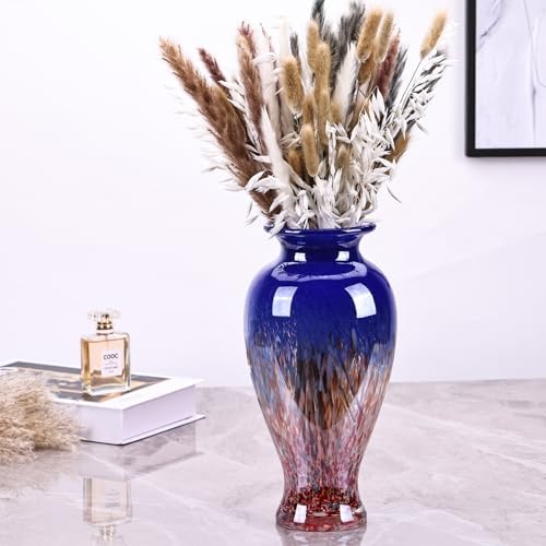 118 Tall Blown Blue Glass Vase with Red Base