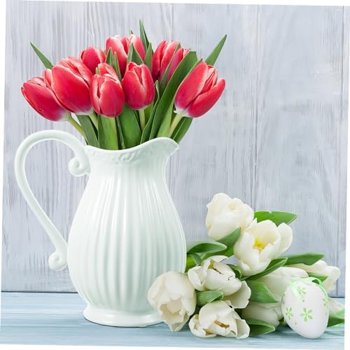 GANAZONO Simple White Striped Ceramic Flower Vase for Balconies