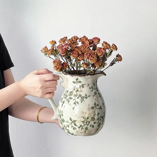 Vintage Green Floral Ceramic Pitcher Vase with Handle