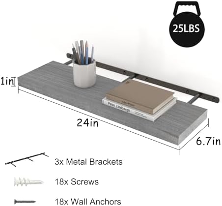 Rustic Grey Floating Shelves 24 Inch Set of 3 Solid Wood Wall Mounted Storage