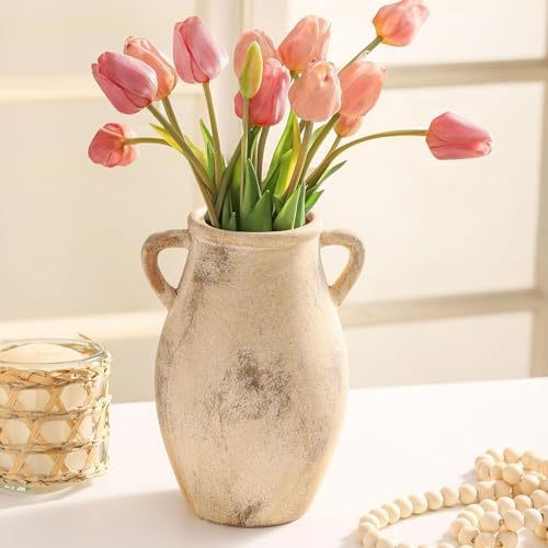 Lyeec Ceramic Vase with Handles 905 Inch Tall Terracotta Decorative Pottery Flower Vase for Home Farmhouse Decor