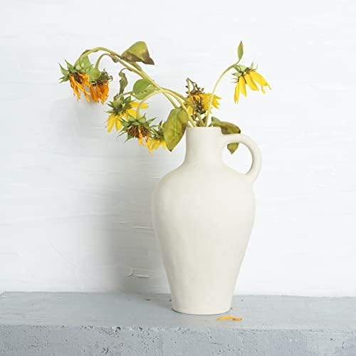 Blossome Antique Ceramic White Vase with Handle 10 Inches