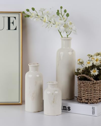 CheeryStow White Ceramic Vase Set of 3 - Crackle Glaze Farmhouse Decor