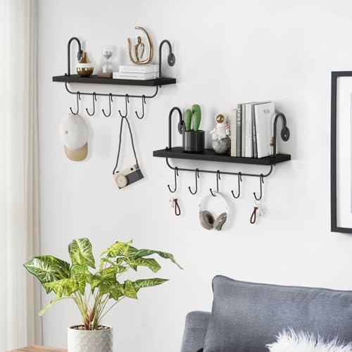 Olakee Floating Wall Shelves Set of 2 with 10 Adjustable Hooks Black