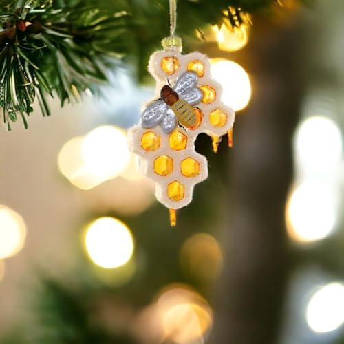 Cody Foster Co Honeycomb Bee Christmas Ornament 3-Inch Golden Amber Glass