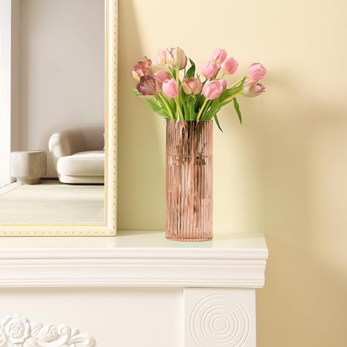 Pink Glass Vase for Flowers Tall Cylinder Vase for Home Decor