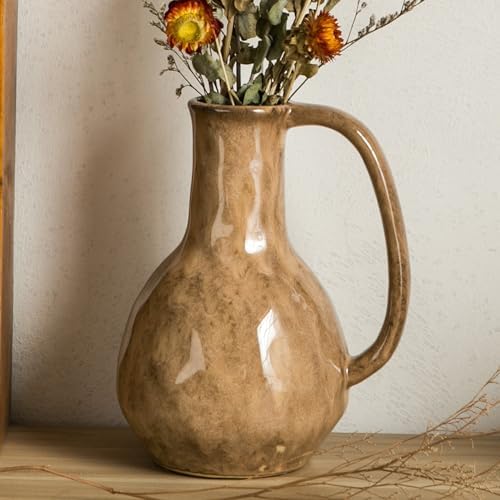 Brown Ceramic Vase with Big Handles Modern Farmhouse Decor