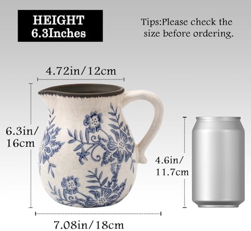 Vintage Flower Vase with Handle Blue and White Ceramic