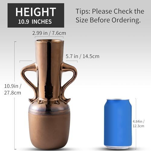 Gold Ceramic Vase with Handles 11 Inch