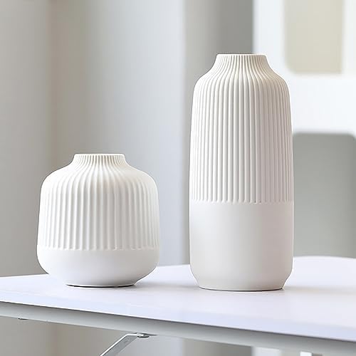 Matte White Stripe Ceramic Vases Set of 2 for Home Decor