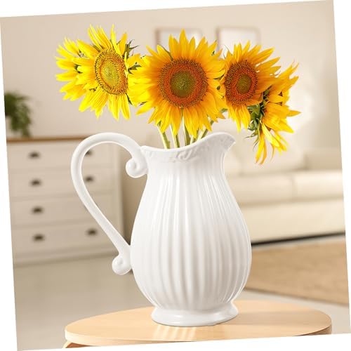Angoily White Striped Ceramic Pitcher Vase with Handle