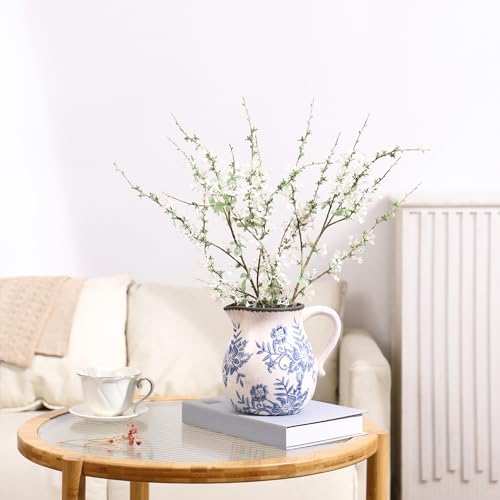 Vintage Flower Vase with Handle Blue and White Ceramic