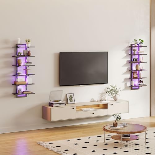 6 Tier Wall Shelf with LED Light Black Floating Shelf Unit for Home Decor and Storage