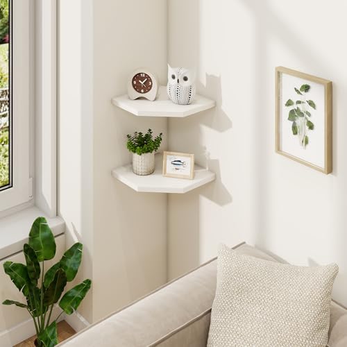 Fun Memories Corner Shelf Wall Mount Solid Oak Floating Shelves with Cable Hole 85in Rustic Design
