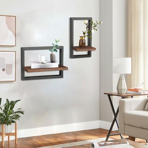 Qivine 2Pcs Black Wood Wall Shelves Square Floating Frame Design