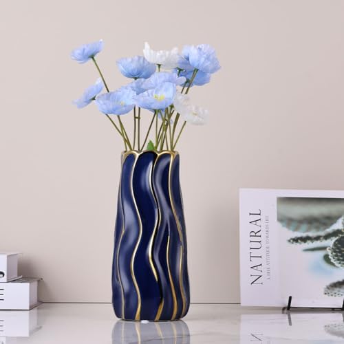 95 Inch Blue Ceramic Vase with Gold Accents