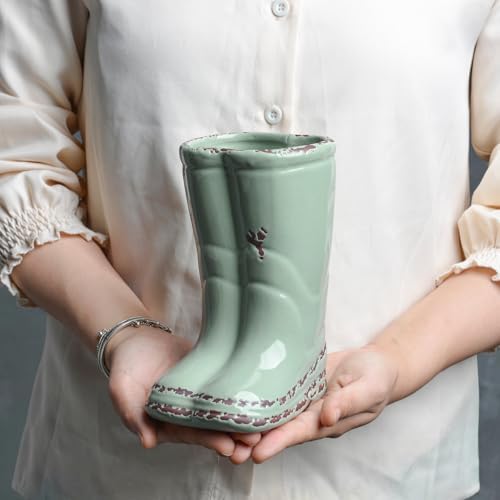 Quoowiit Vintage Boot Shaped Flower Vase Green Distressed Ceramic Decor