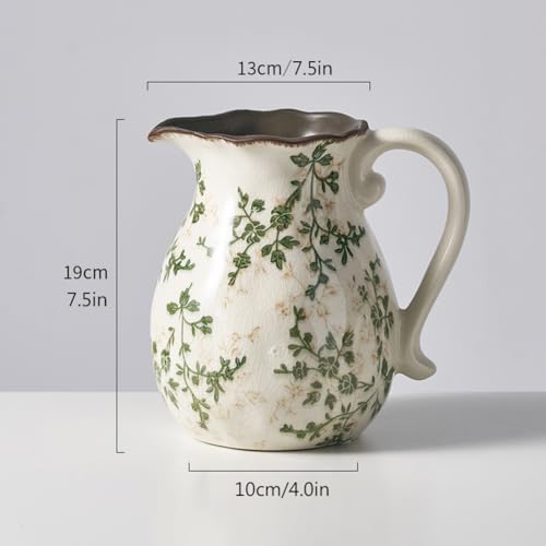 Vintage Green Floral Ceramic Pitcher Vase with Handle