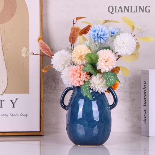 Blue Ceramic Vase with 2 Handles Modern Farmhouse Decor