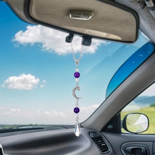 Moon Star Car Mirror Charm with Amethyst Crystal