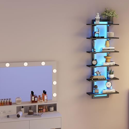 6 Tier Wall Shelf with LED Light Black Floating Shelf Unit for Home Decor and Storage