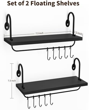 Olakee Floating Wall Shelves Set of 2 with 10 Adjustable Hooks Black
