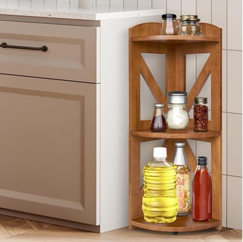 YCICI Corner Shelf Stand 3 Tier Natural Wood Brown
