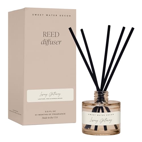 Sweet Water Decor Luxury Getaway Reed Diffuser - Hotel Scent with Leather Iris Sandalwood for 4 Months