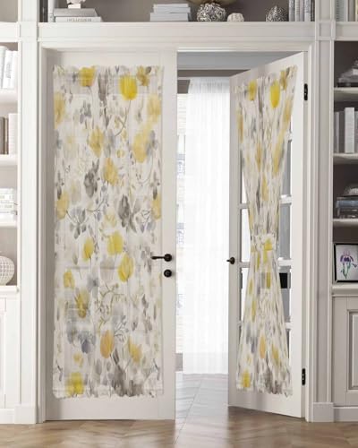 Yellow Flowers Door Curtains with Tiebacks for French Doors