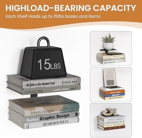 Fun Memories Invisible Floating Bookshelves 4 Tier Metal 2 Pack Black