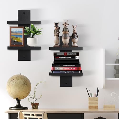 PHOENANCEE 2 Tiered Vertical Wall Shelf Unit 4 Pack Black