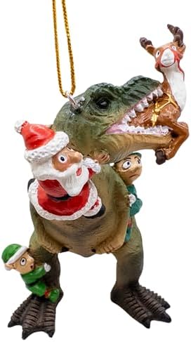 Santa and Elves Saving Reindeer from T-Rex Christmas Tree Ornament
