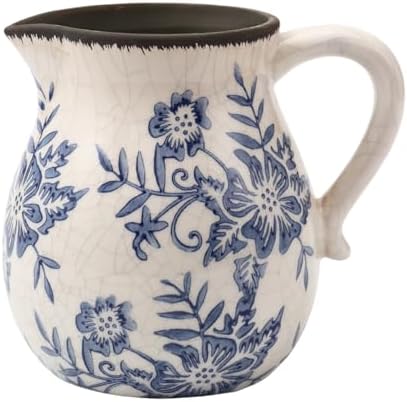 Vintage Flower Vase with Handle Blue and White Ceramic