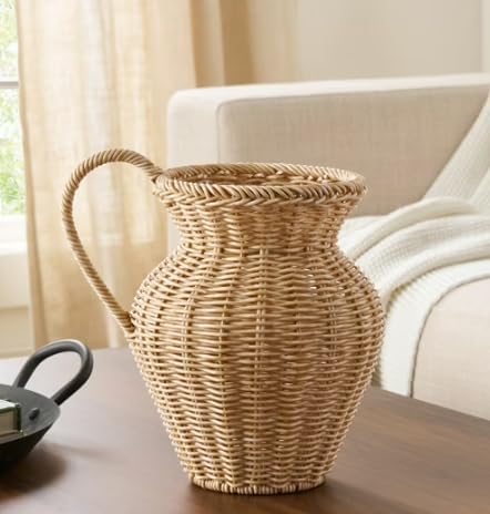9 Inch Faux Wood Rattan Pitcher Vase for Dried Flowers